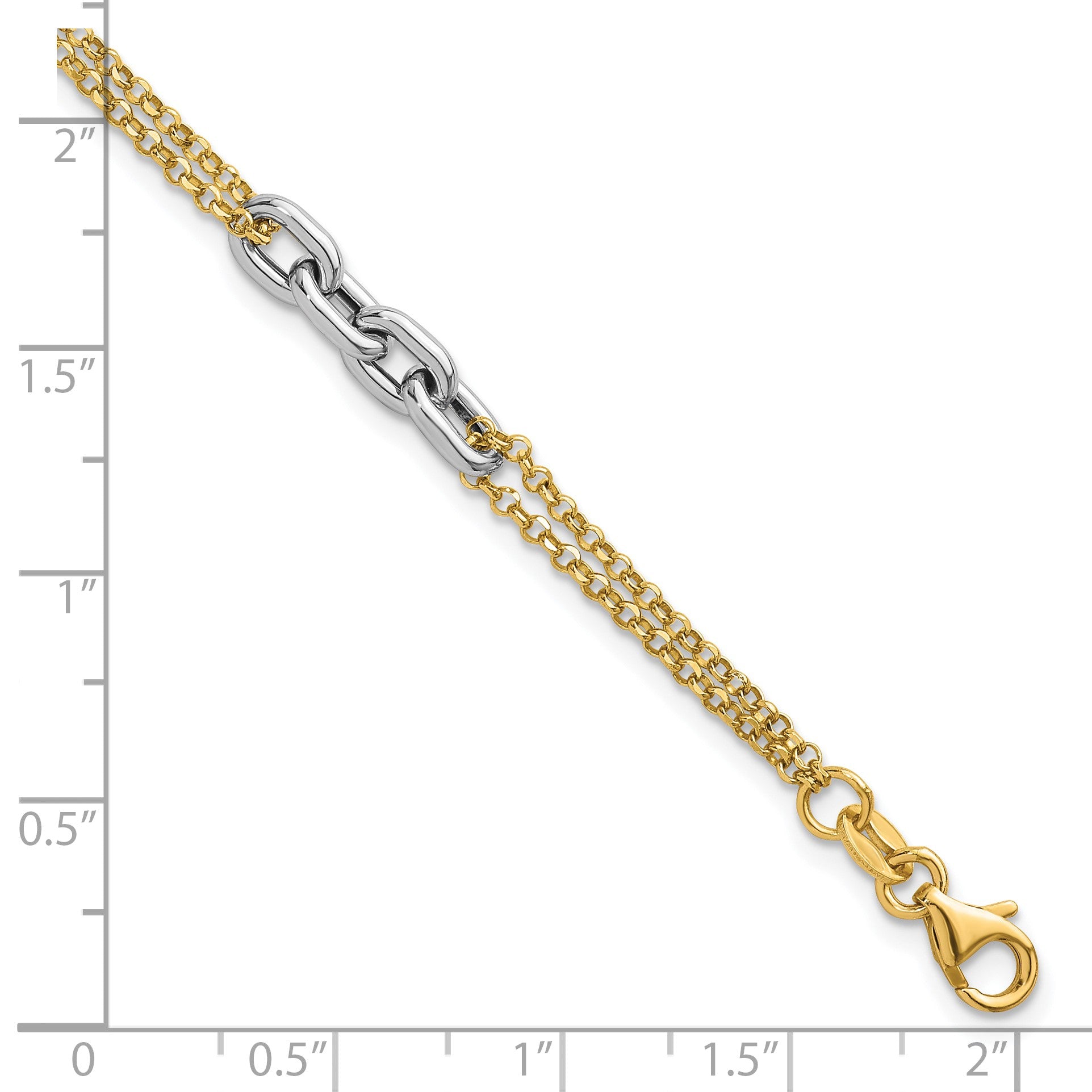 14K Bicolor Gold Poliert Fantasie Oval Glieder und Doppelt Strang Kette 7.25 Zoll mit 1 Zoll Verlängerung Armband