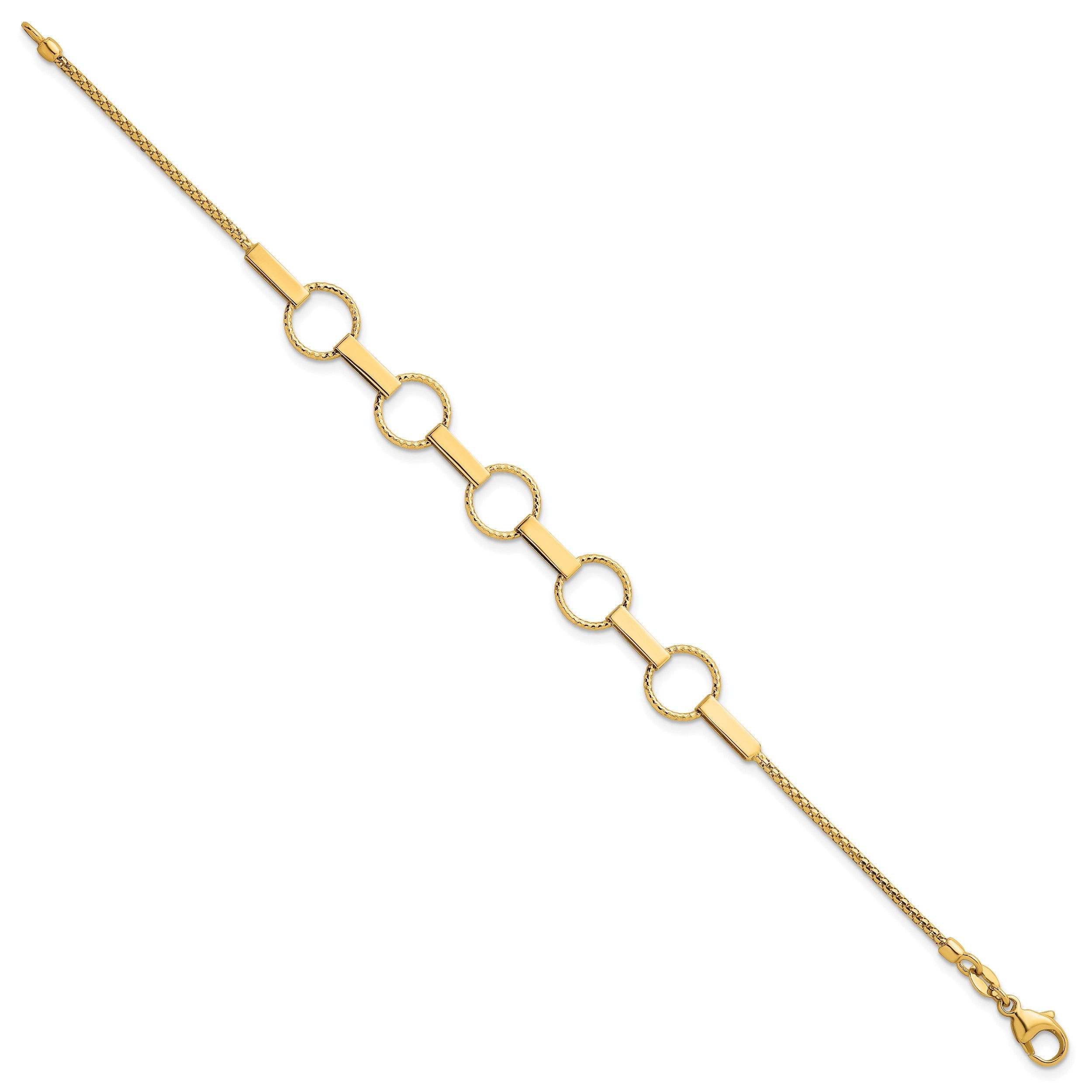 14K Gelbgold Poliert und Strukturiert Kreise und Bars 7.5 Zoll Armband