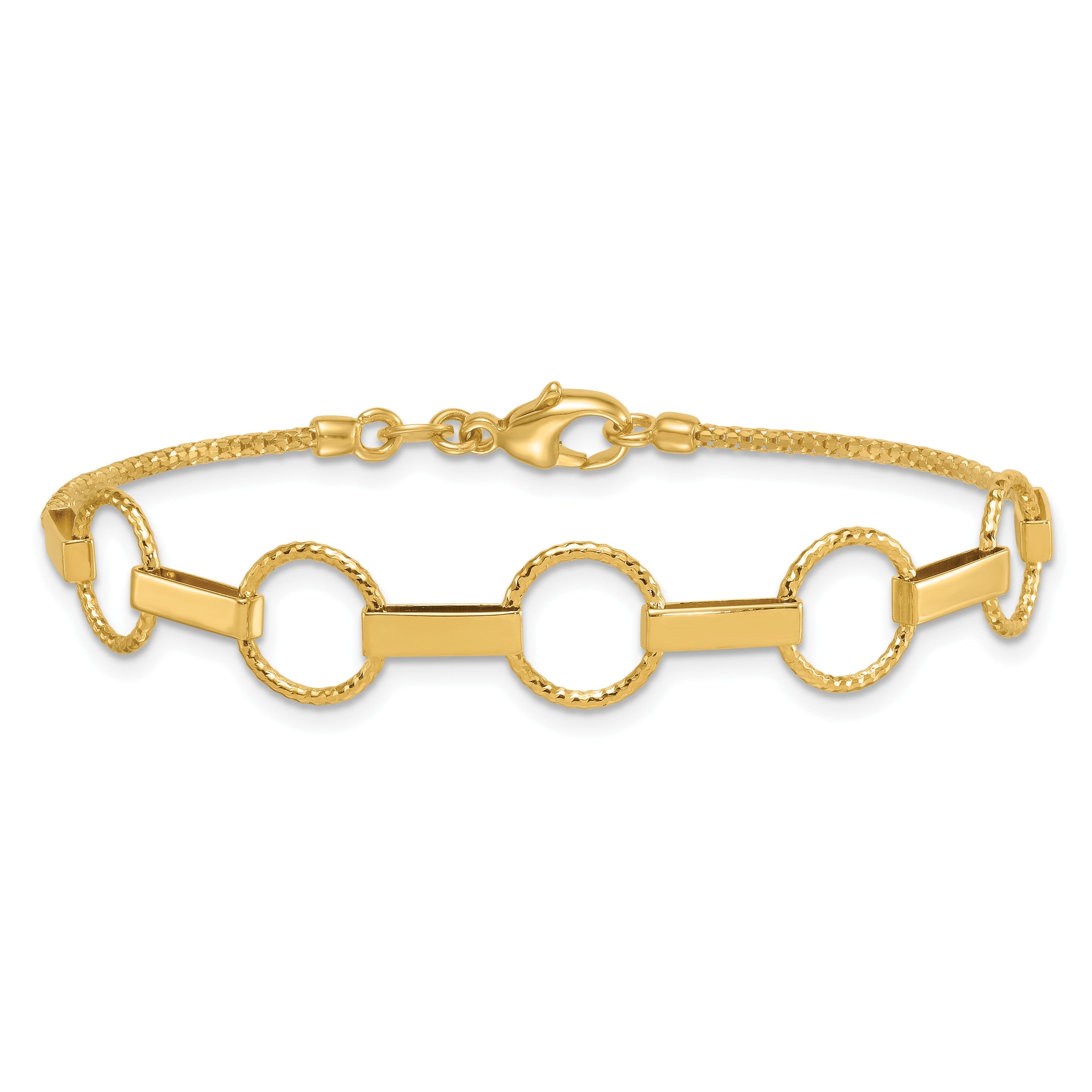 14K Gelbgold Poliert und Strukturiert Kreise und Bars 7.5 Zoll Armband