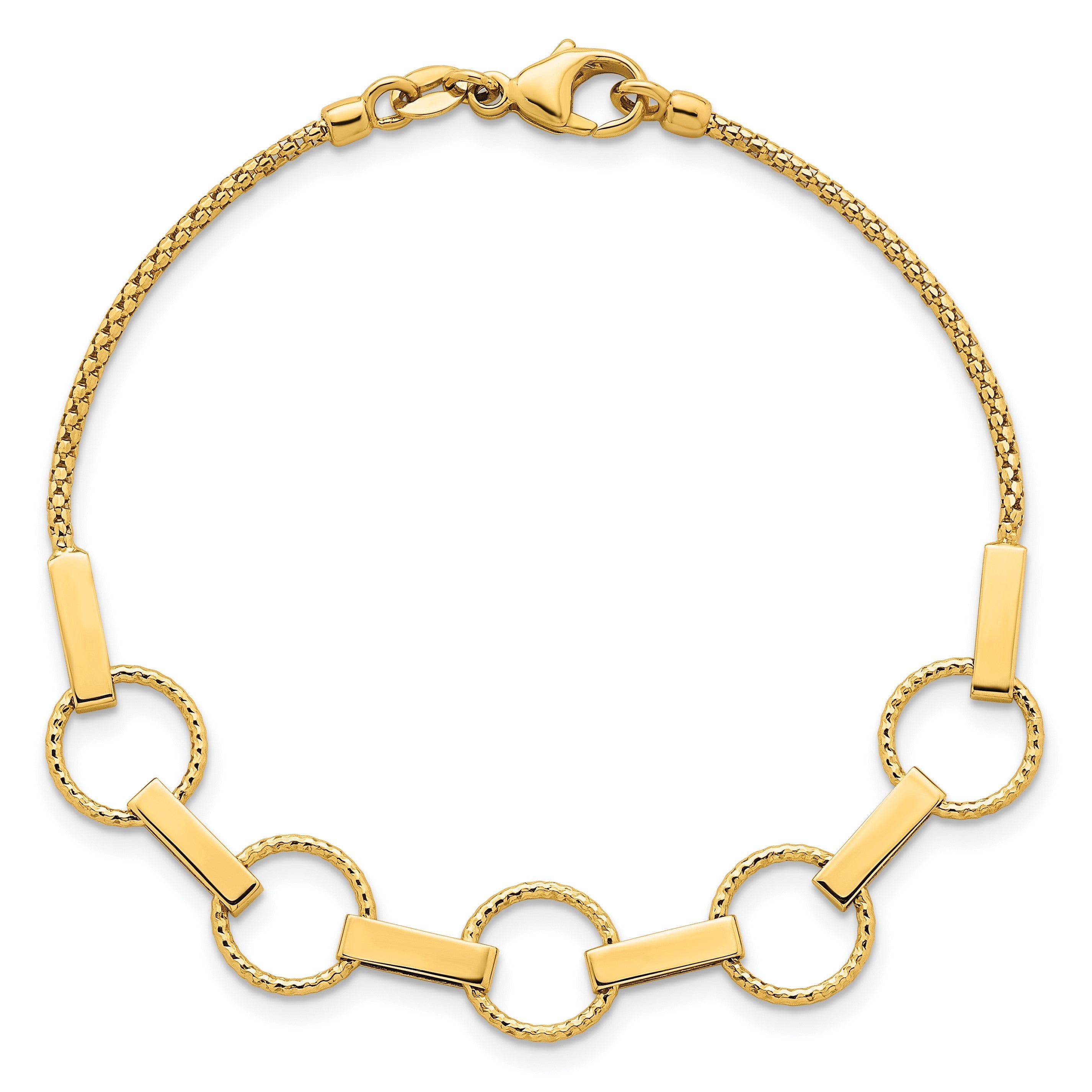 14K Gelbgold Poliert und Strukturiert Kreise und Bars 7.5 Zoll Armband