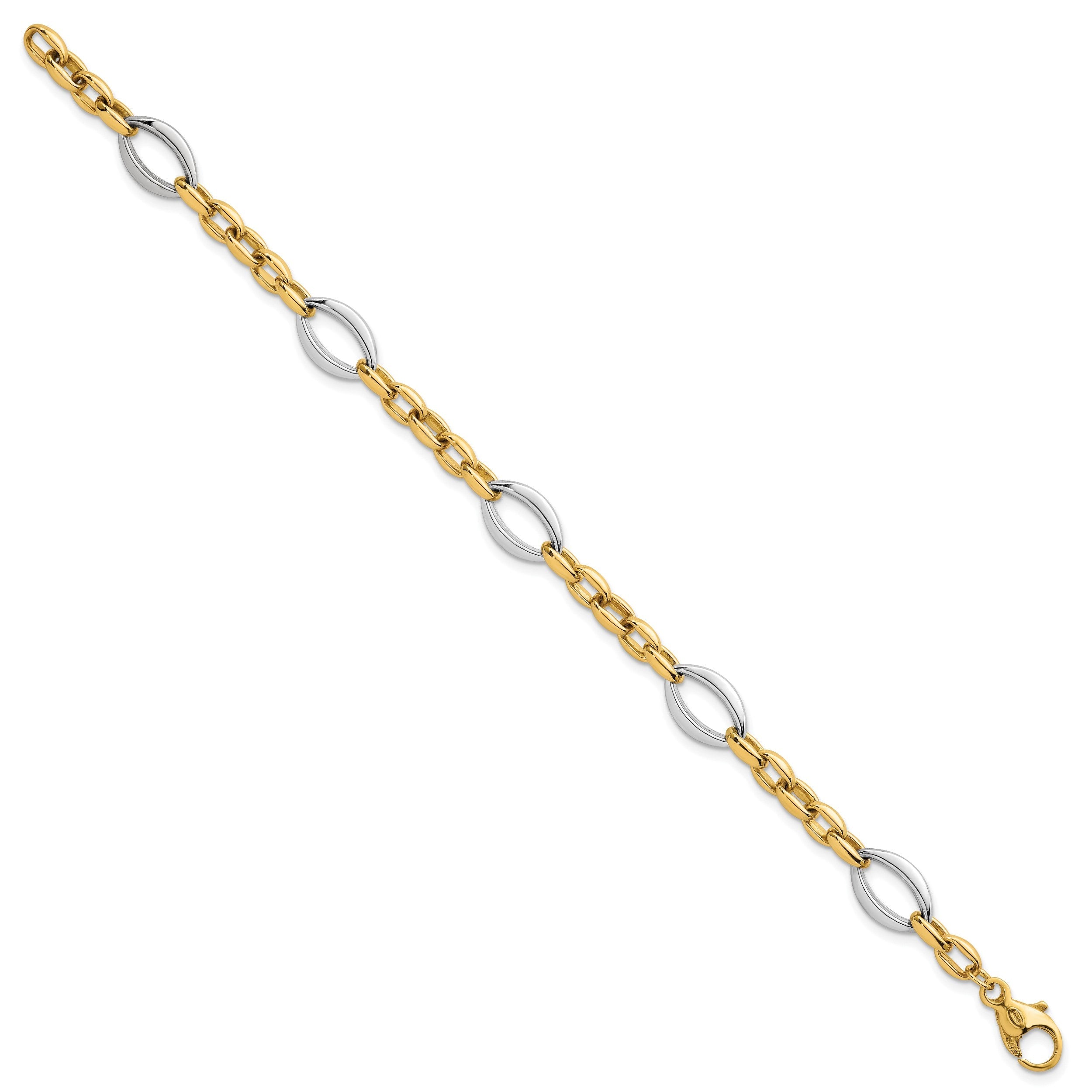 14K Bicolor Gold Bicolor Poliert Oval und Ankerkette Kette 7.25 Zoll Armband
