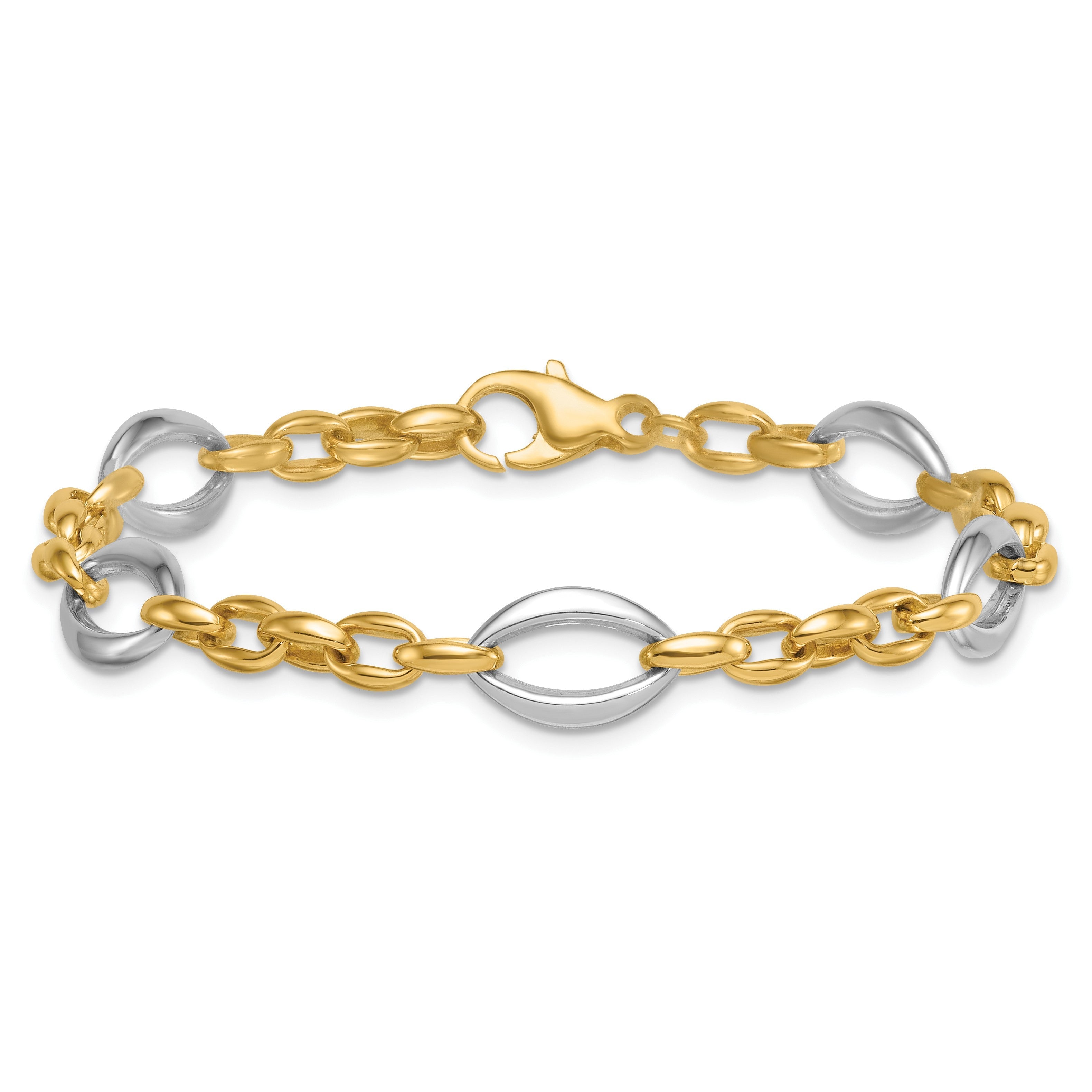 14K Bicolor Gold Bicolor Poliert Oval und Ankerkette Kette 7.25 Zoll Armband
