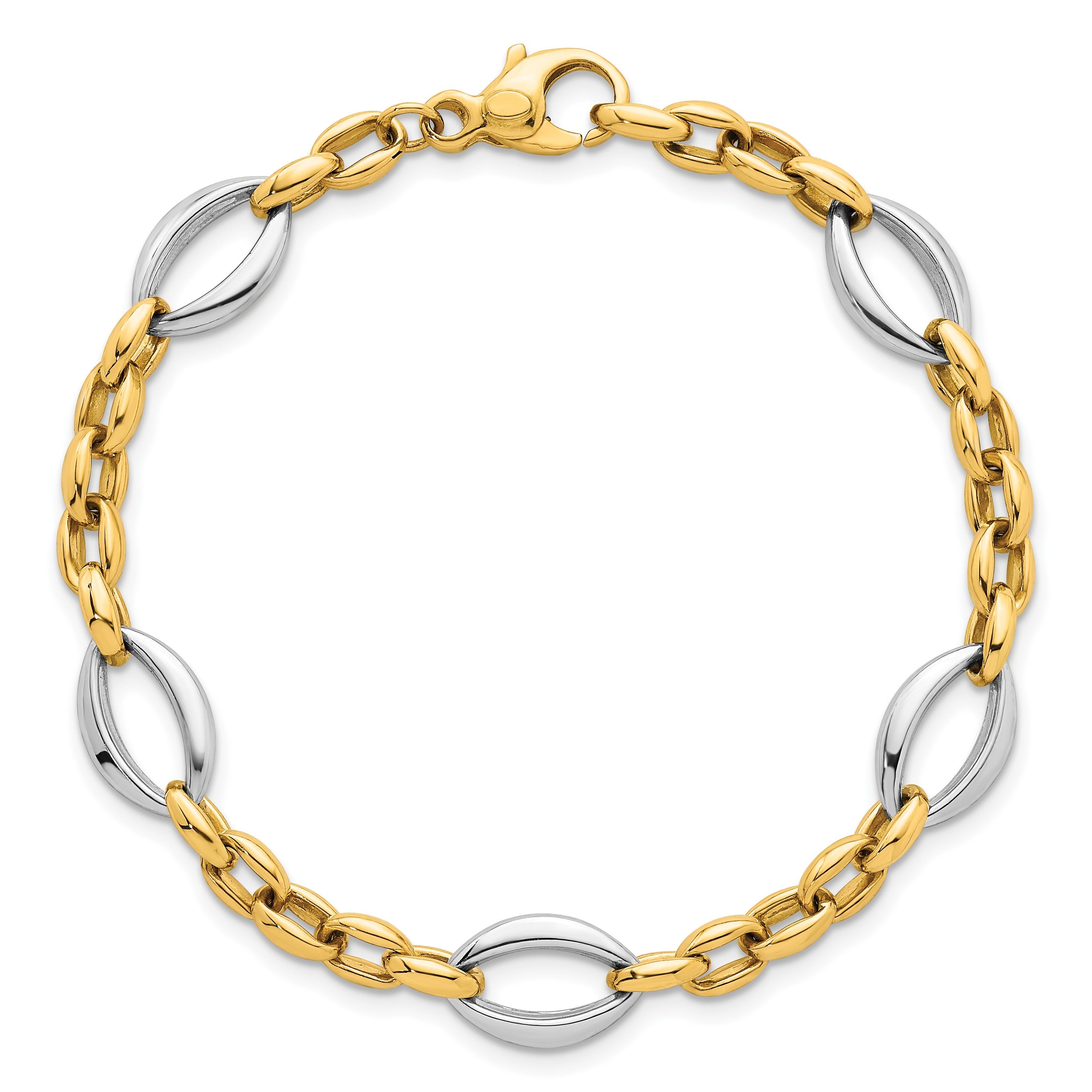 14K Bicolor Gold Bicolor Poliert Oval und Ankerkette Kette 7.25 Zoll Armband