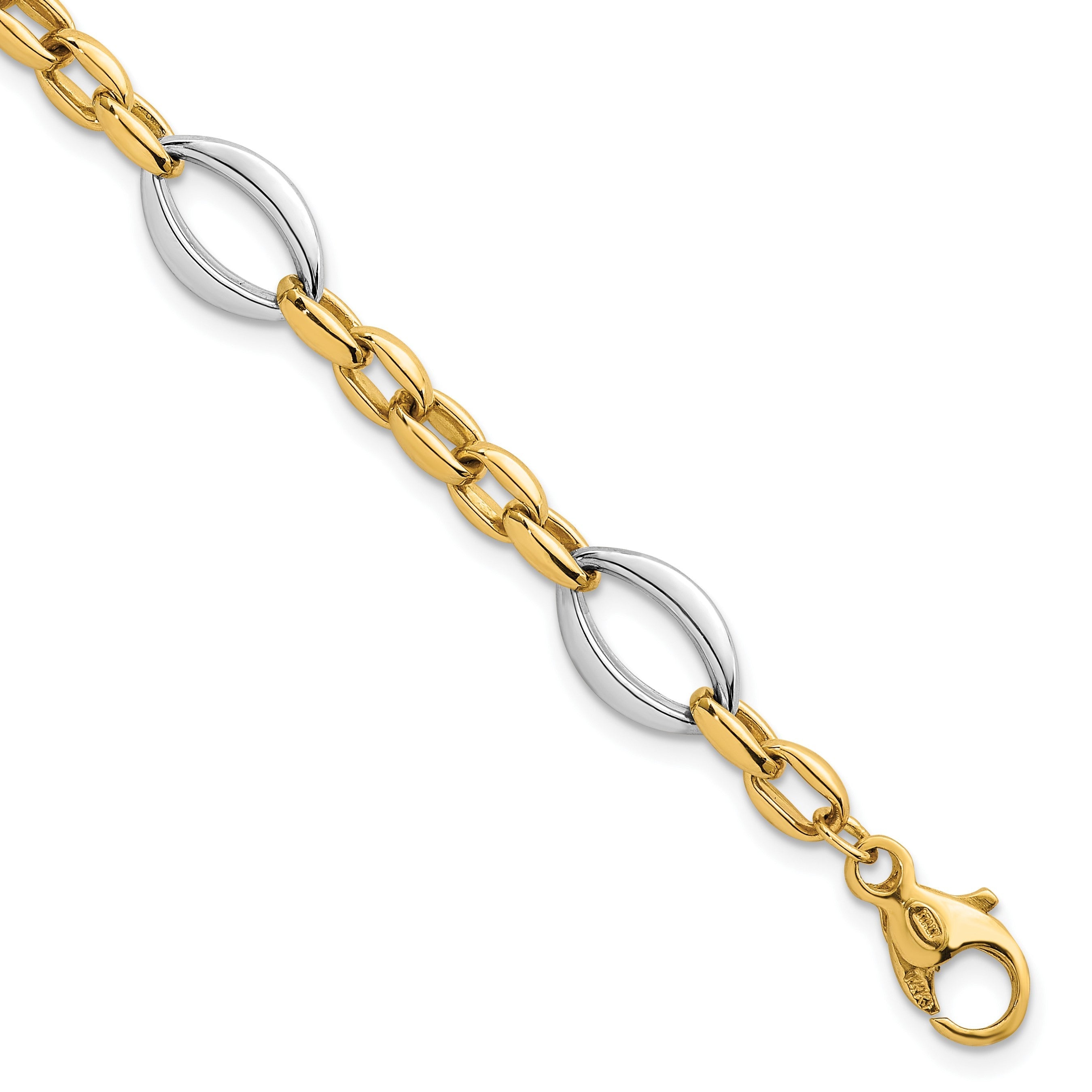 14K Bicolor Gold Bicolor Poliert Oval und Ankerkette Kette 7.25 Zoll Armband