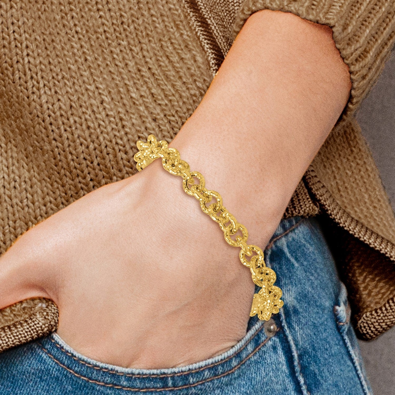 14K Gelbgold Poliert und Strukturiert 7.3mm Ankerkette Kette 7.5 Zoll Armband