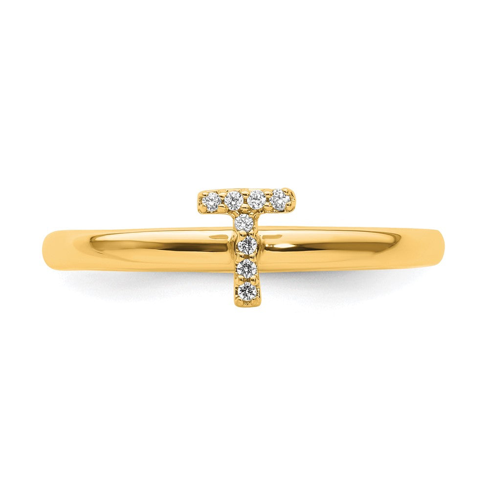 14K Gelbgold Stapelbar Diamant Initiale T Größe 7 Ring