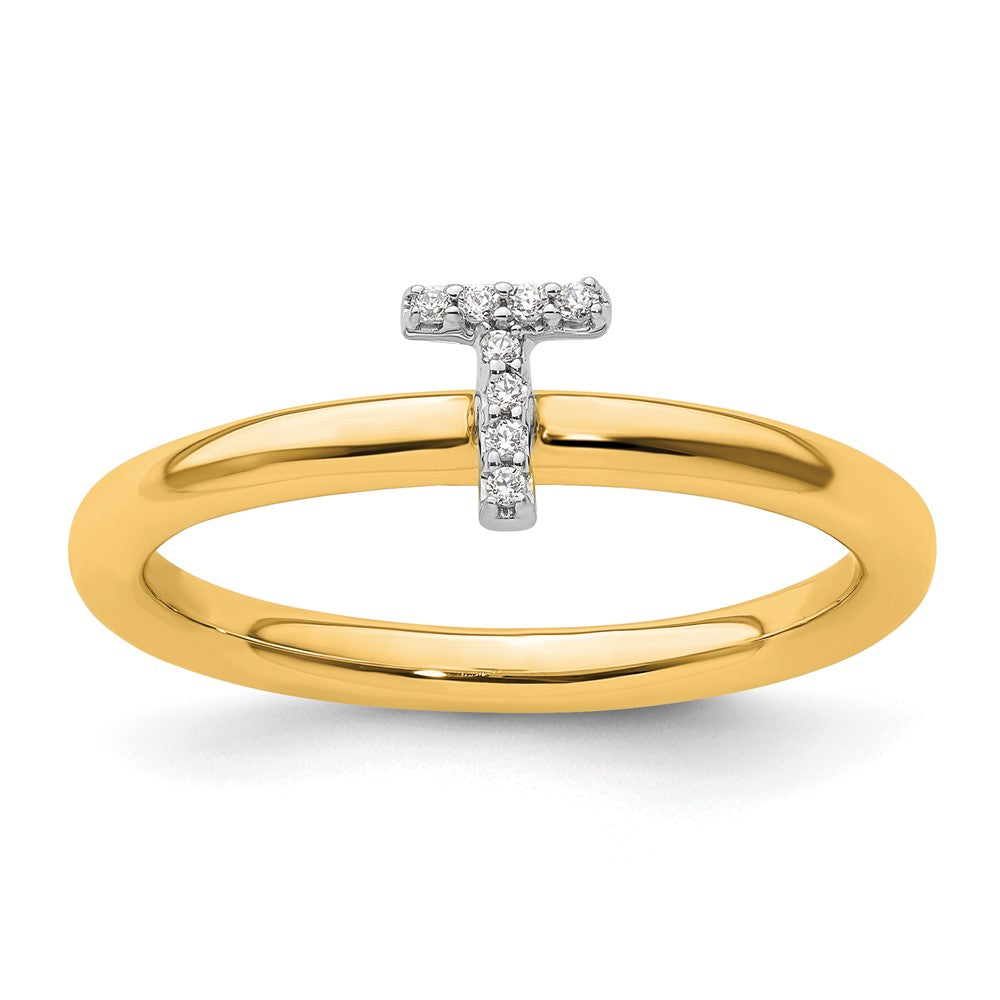 14K Gelbgold Stapelbar Diamant Initiale T Größe 7 Ring