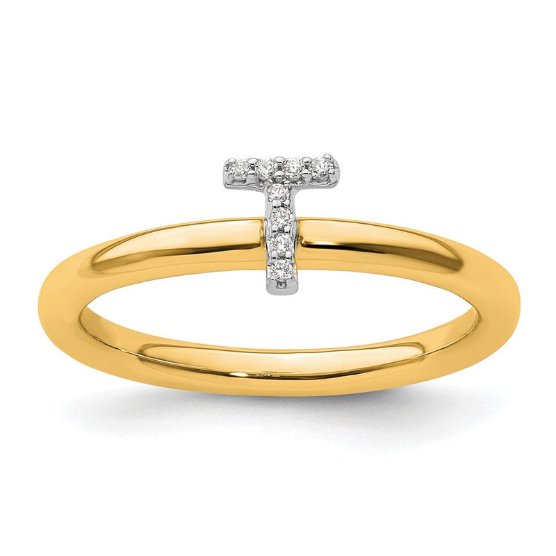 14K Gelbgold Stapelbar Diamant Initiale T Größe 7 Ring