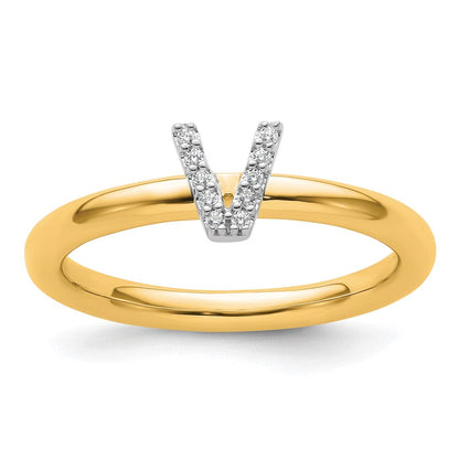 14K Gelbgold Stapelbar Diamant Initiale V Größe 7 Ring