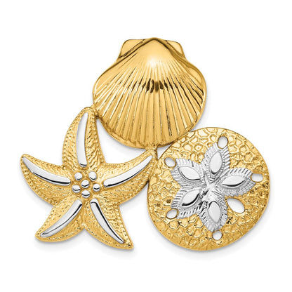 14K Gelb & Rhodium mit Weiß Muschel, Seestern und Sand Dollar Anhänger