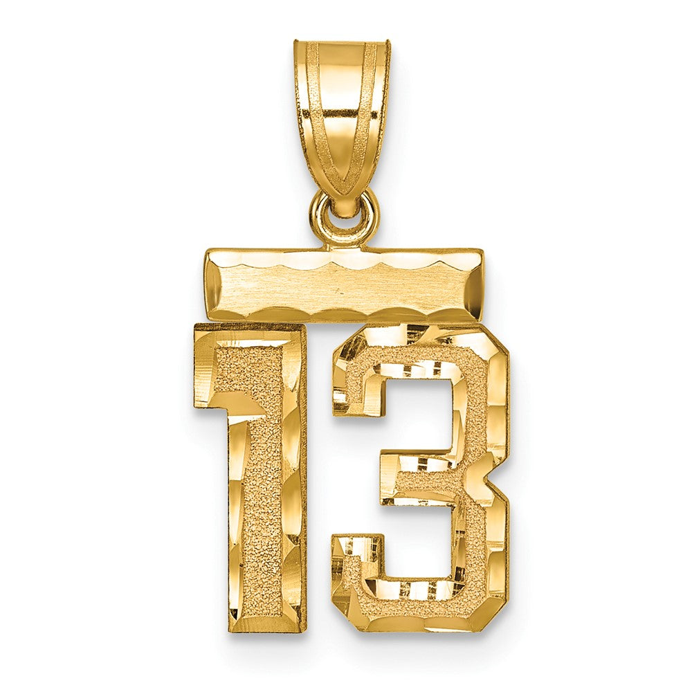 14K Gelbgold kleiner gebürsteter Charm mit Diamantschliff „Zahl 13“