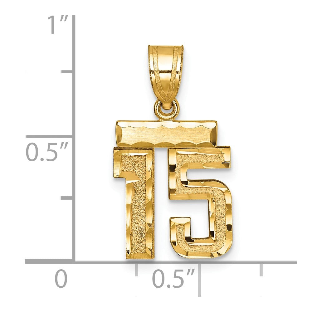 14K Gelbgold Kleiner Gebürsteter Diamantgeschliffener Zahl-15-Charm
