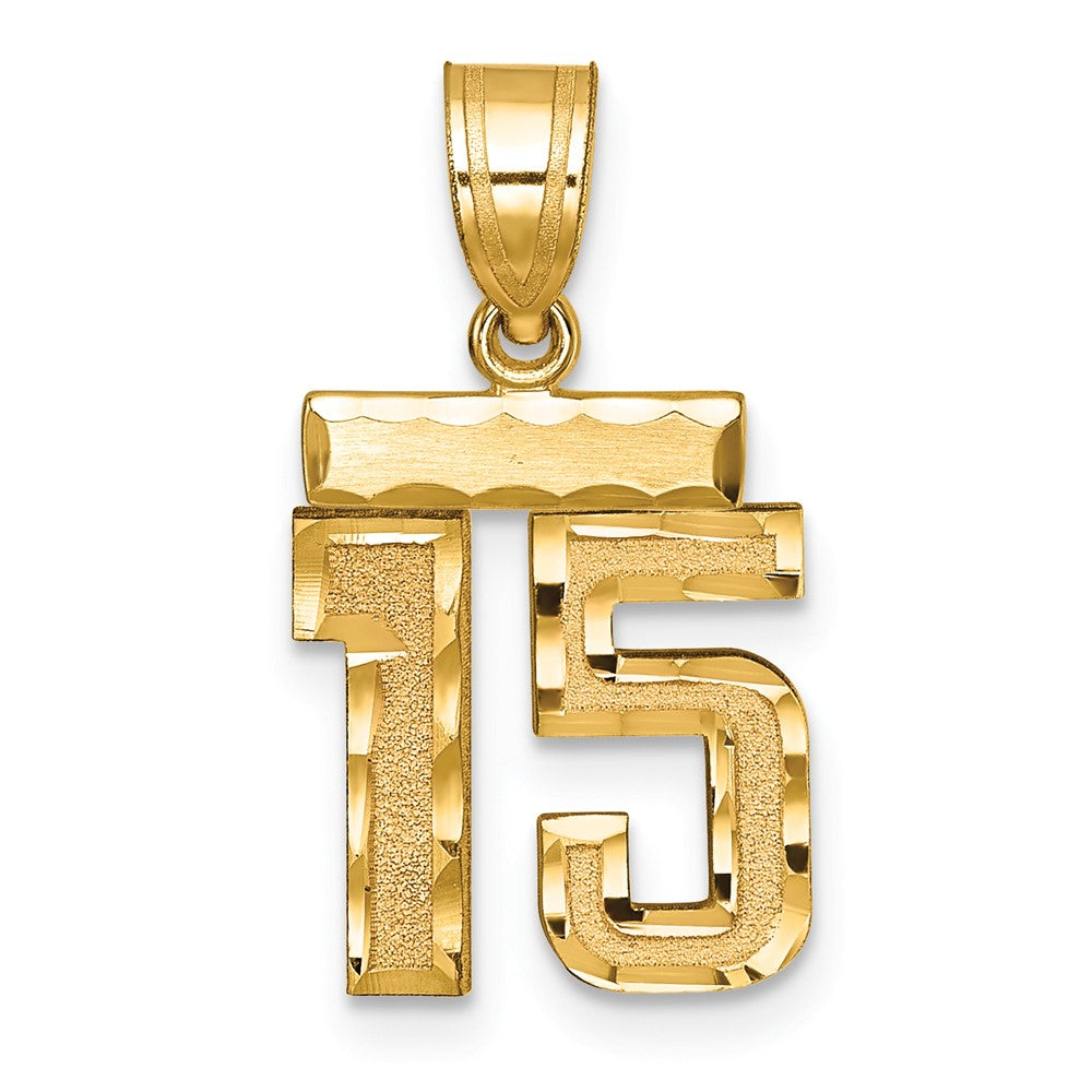 14K Gelbgold Kleiner Gebürsteter Diamantgeschliffener Zahl-15-Charm