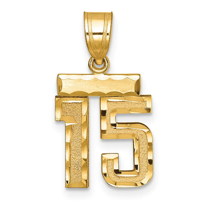 14K Gelbgold Kleiner Gebürsteter Diamantgeschliffener Zahl-15-Charm