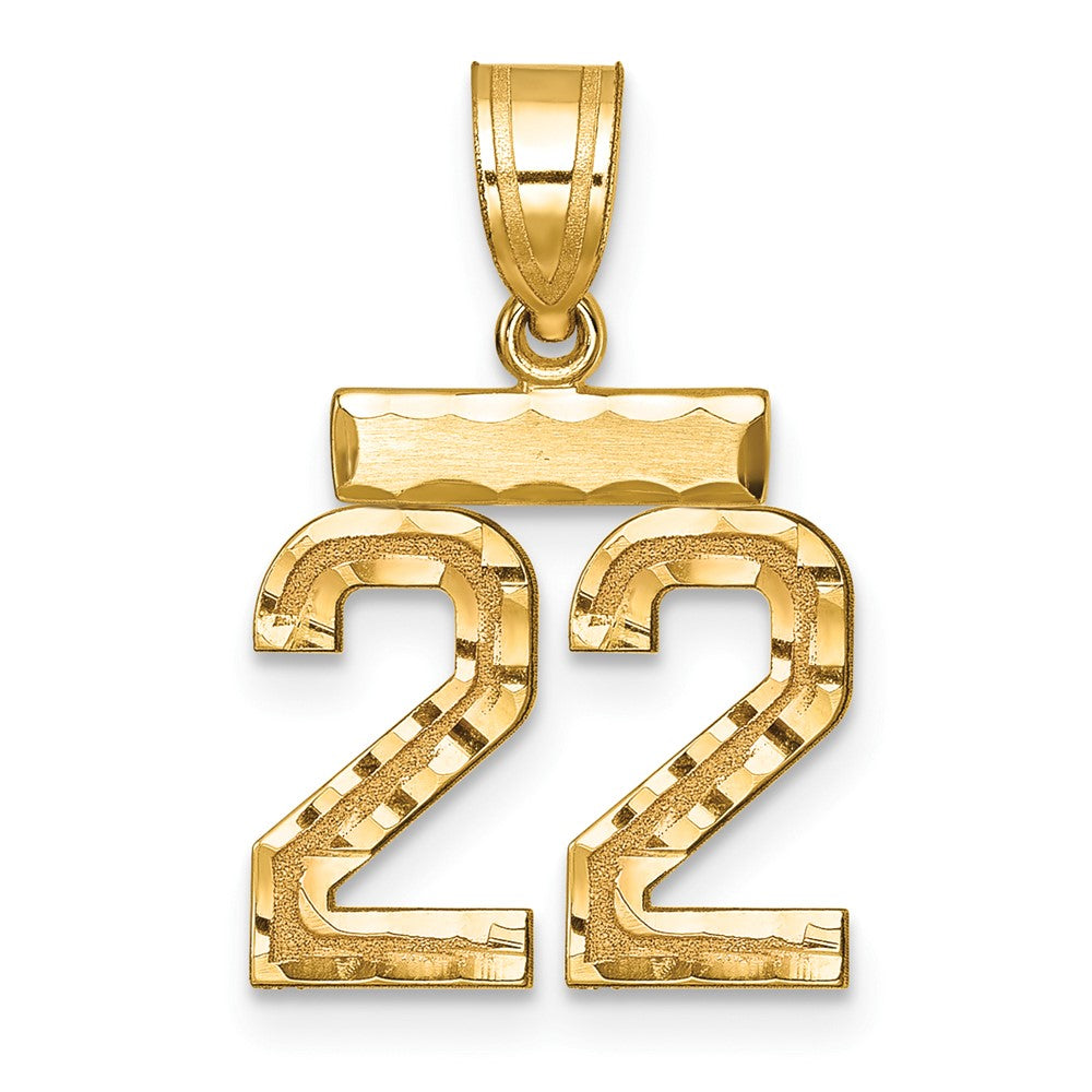 14K Gelbgold Kleiner Gebürsteter Diamantgeschliffener Zahl-22-Charm