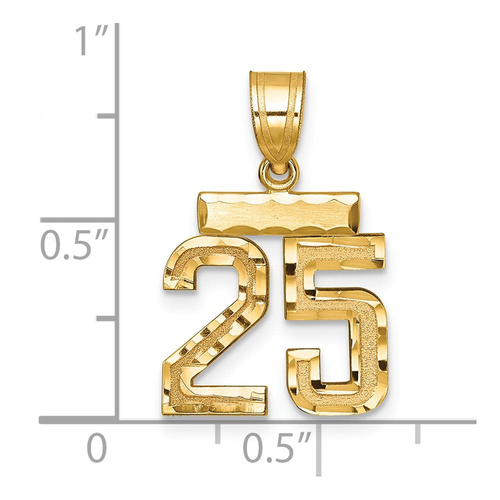 14K Gelbgold kleiner gebürsteter diamantgeschliffener Zahl-25-Charm