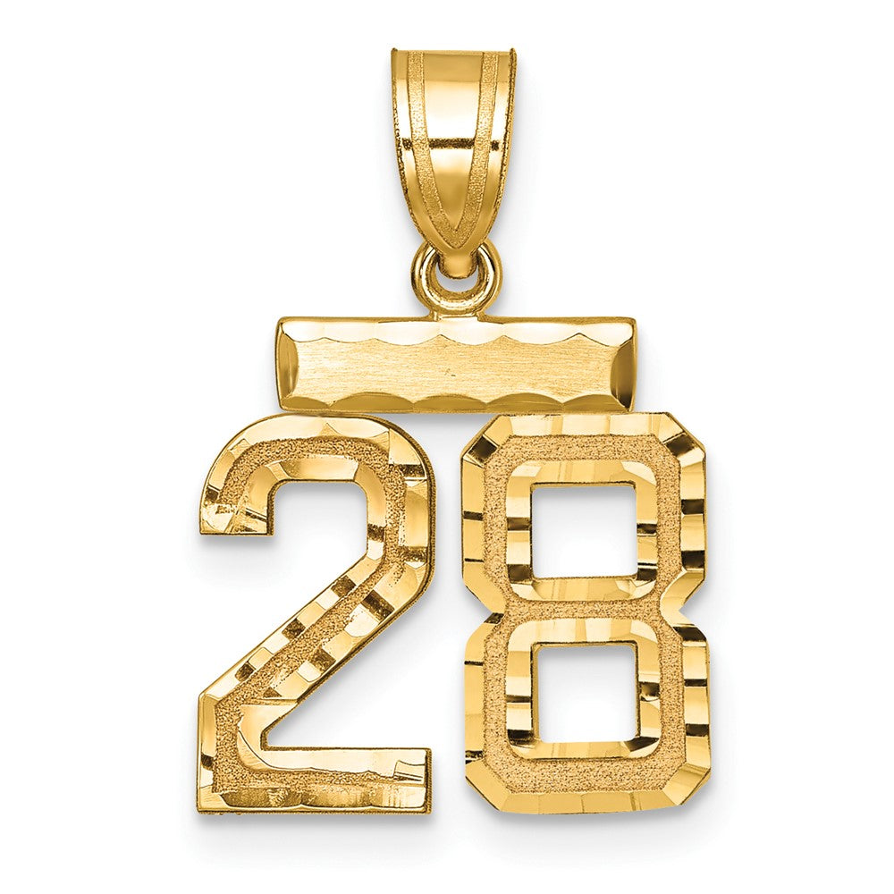 14 K Gelbgold Kleiner Diamantgeschliffener Zahl-28-Charm mit gebürsteter Oberfläche
