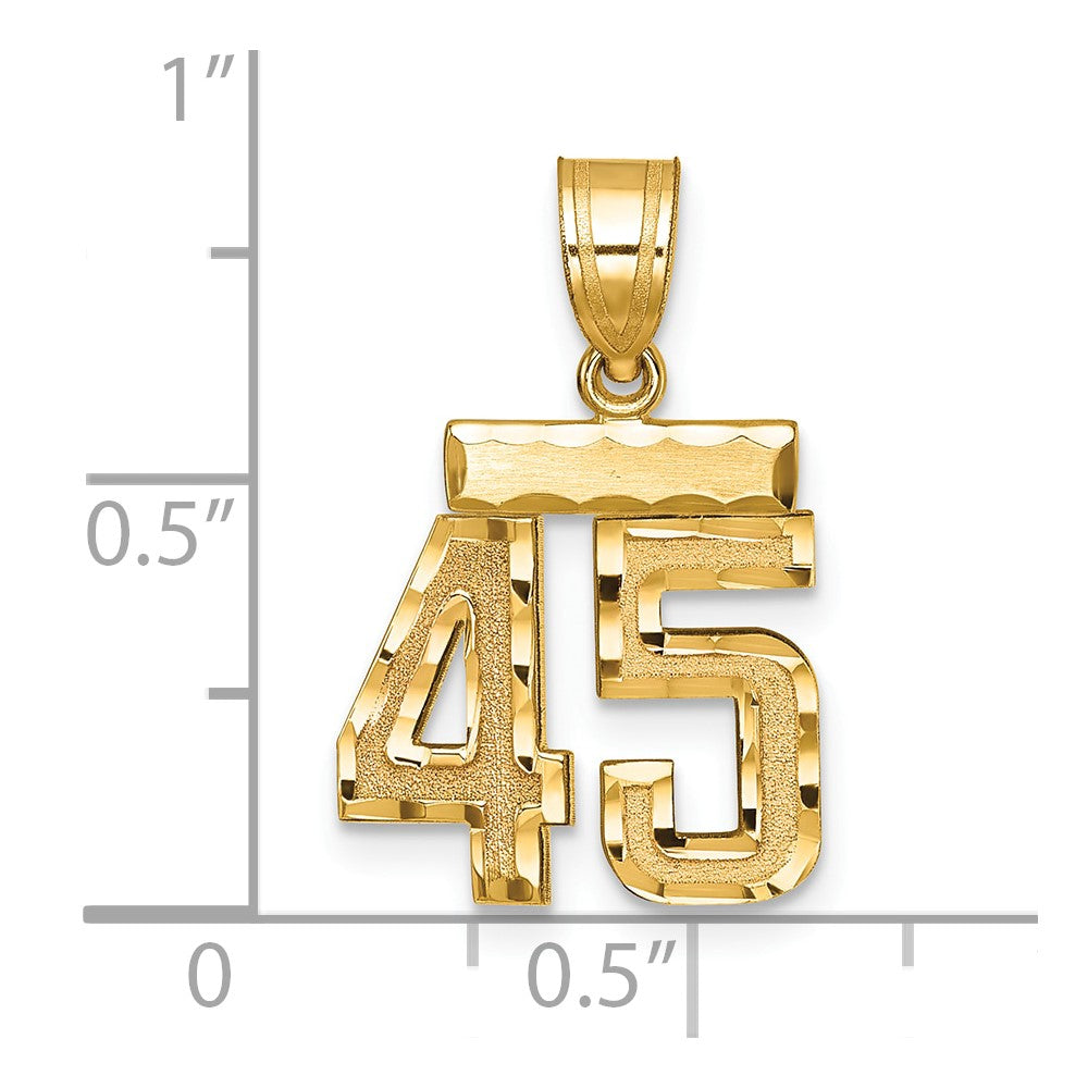 14k Gelbgold Kleiner Gebürsteter Diamantgeschliffener Zahlen-Charm „45“