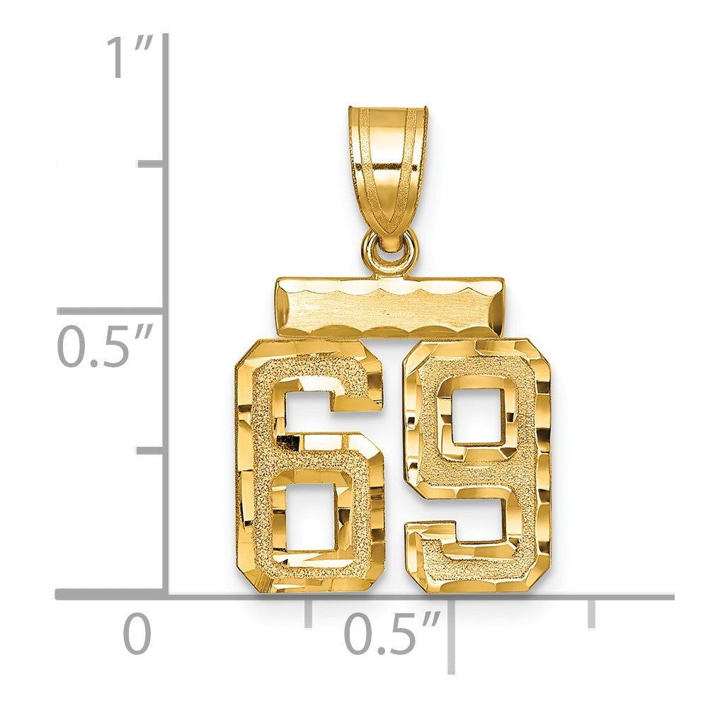 14K Gelbgold Kleiner Gebürsteter Diamantgeschliffener Zahl-69-Charm