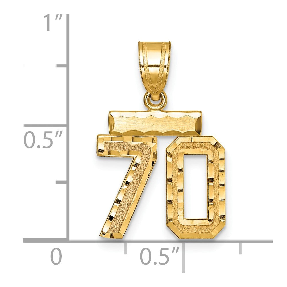 14K Gelbgold kleiner gebürsteter Charm mit diamantgeschliffener Zahl 70
