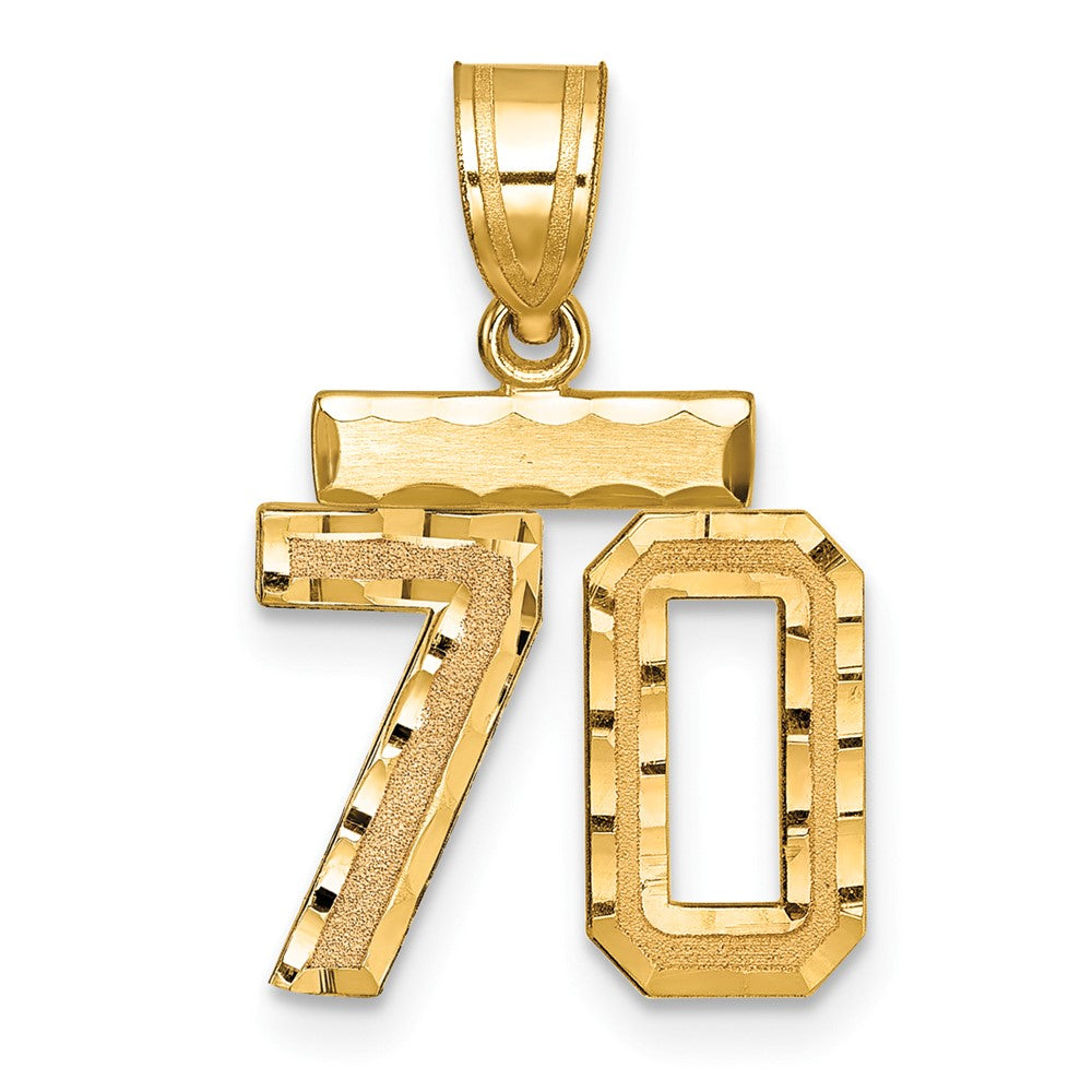 14K Gelbgold kleiner gebürsteter Charm mit diamantgeschliffener Zahl 70