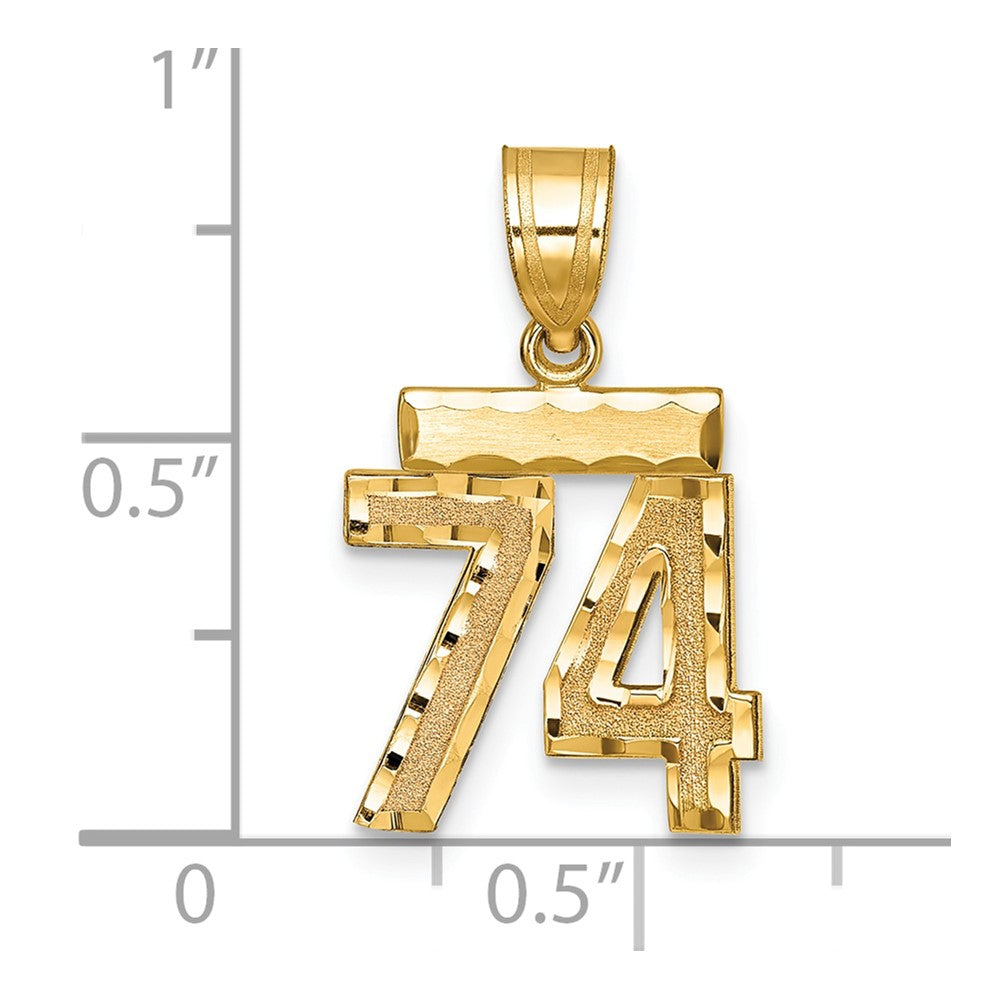 14K Gelbgold Kleiner Gebürsteter Diamantgeschliffener Zahl-74-Charm