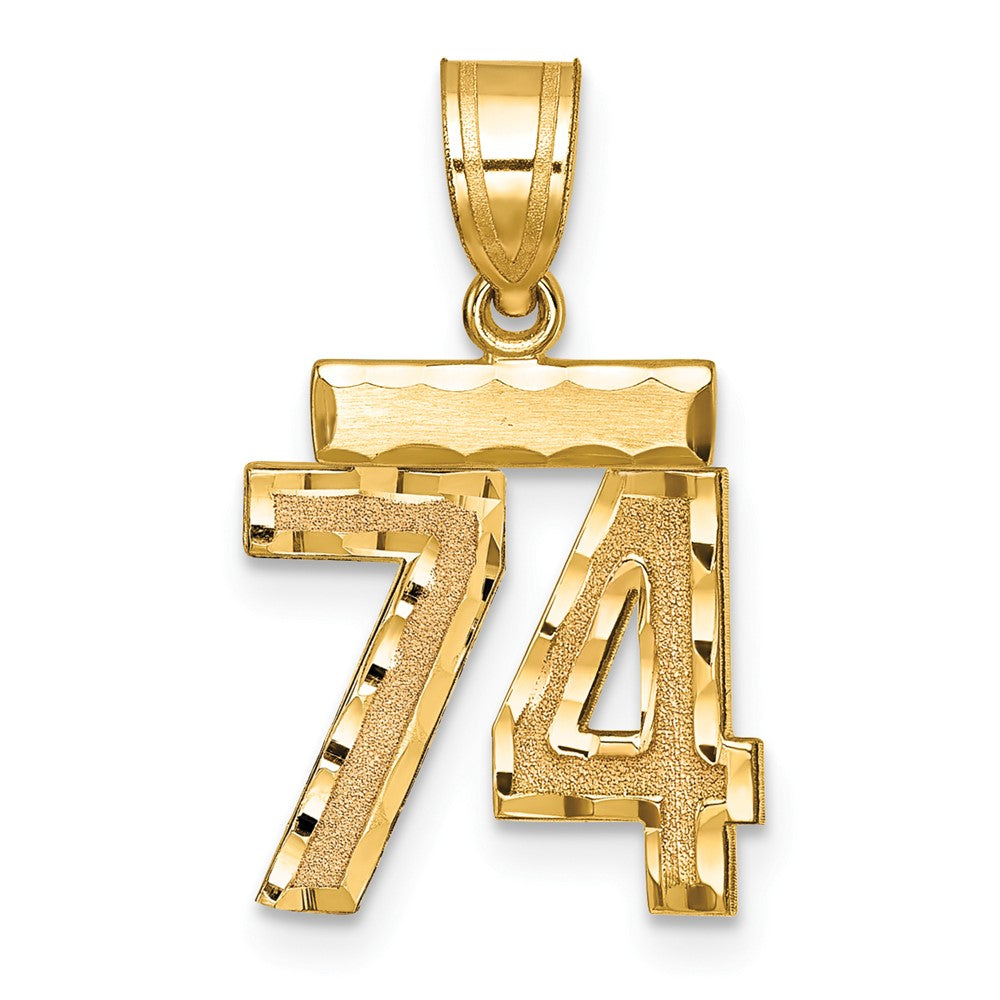 14K Gelbgold Kleiner Gebürsteter Diamantgeschliffener Zahl-74-Charm