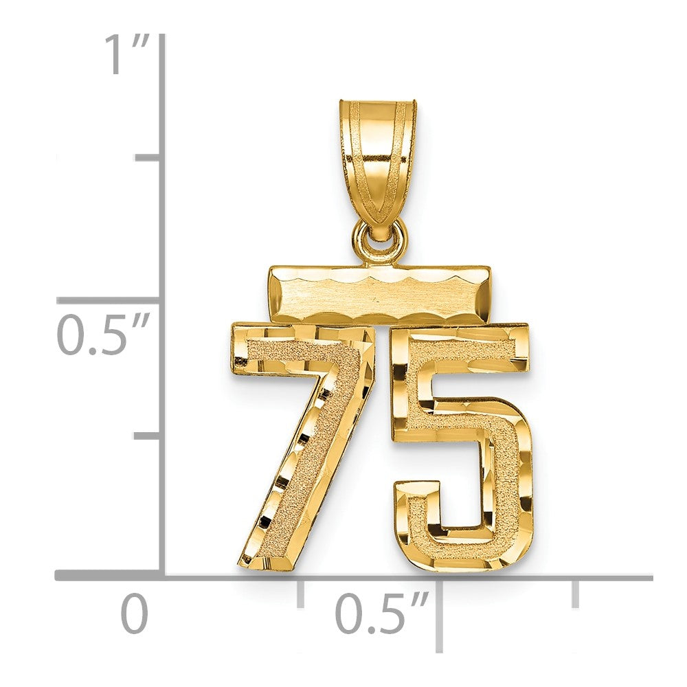 14K Gelbgold kleiner gebürsteter Diamant-geschliffener Zahl-75-Charm