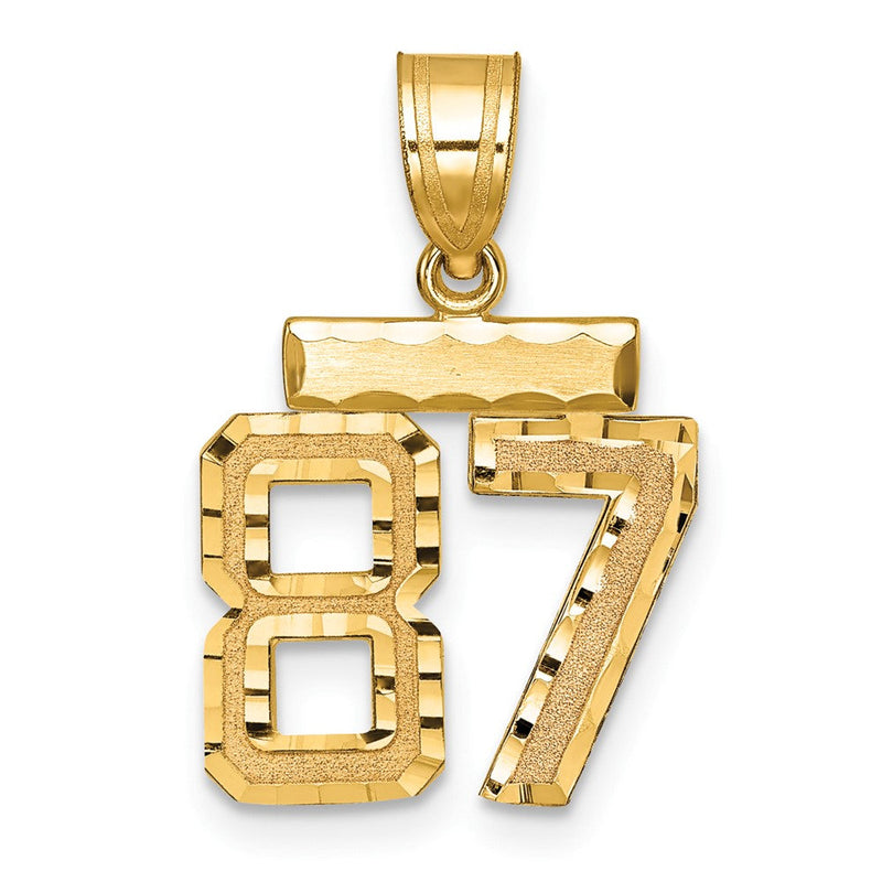 14K Gelbgold Kleiner Gebürsteter Diamantgeschliffener Zahlenanhänger "87" Charm
