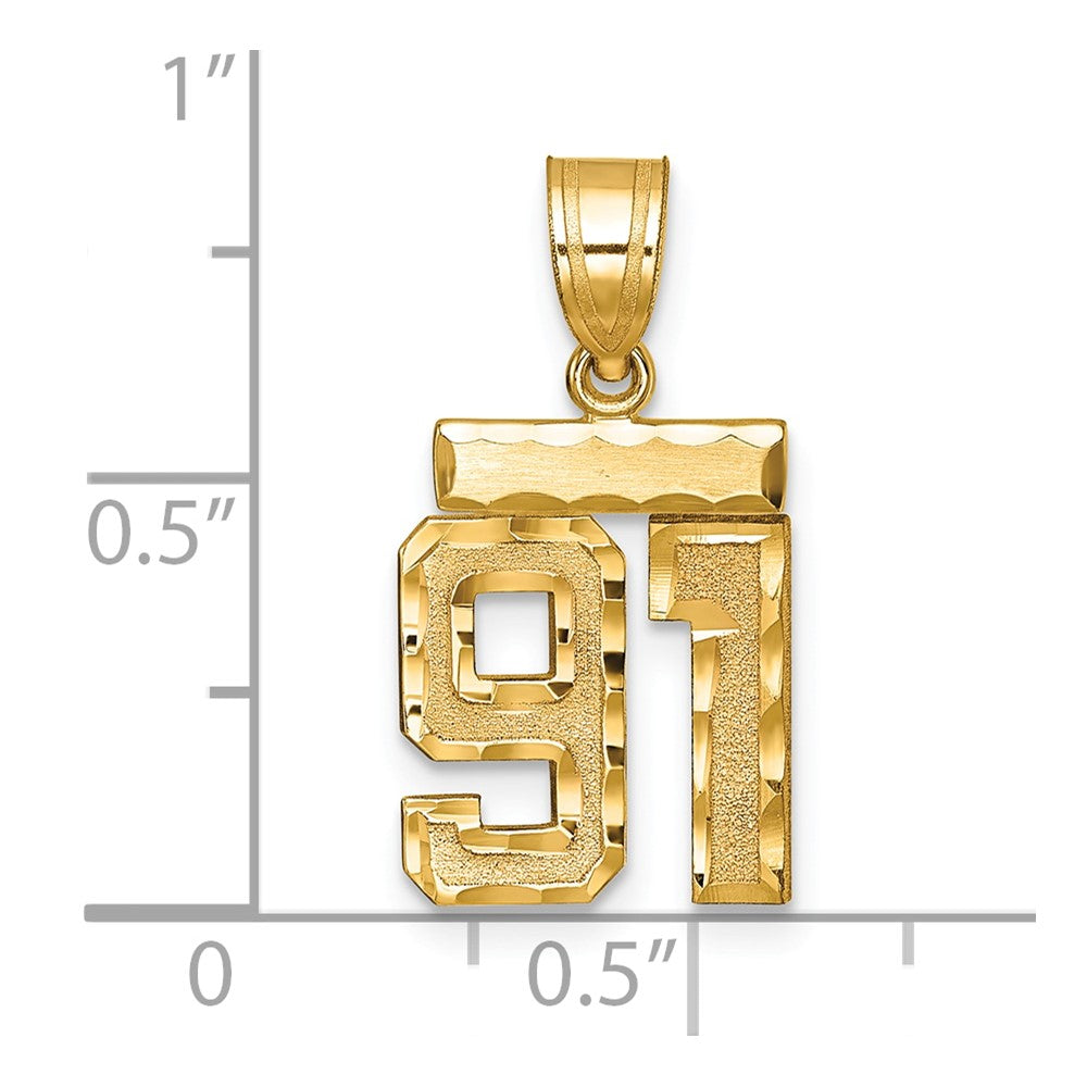 14K Gelbgold kleiner gebürsteter Charm mit Diamantschliff "Zahl 91