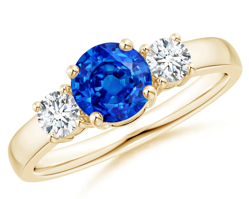 Klassischer Verlobungsring mit gezüchtetem blauem Saphir und Zirkonia im Dreistein-Design aus 14K Gelbgold
