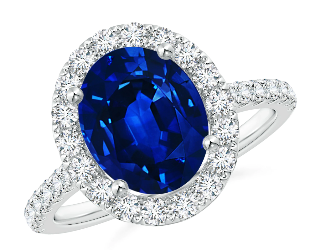 10x8mm Cr. Blau Saphir & Weiß Zirkonia Heiligenschein Verlobungsring in 14K Weißgold
