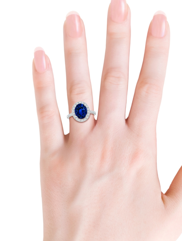 10x8mm Cr. Blau Saphir & Weiß Zirkonia Heiligenschein Verlobungsring in 14K Weißgold