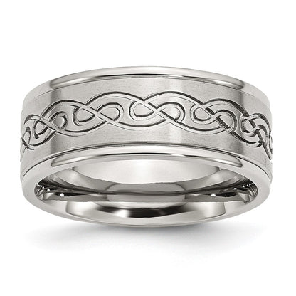 Edelstahl Gebürstet/polished Ranke Design 9mm Ridged Kante Ring (size 12.5 Nur)