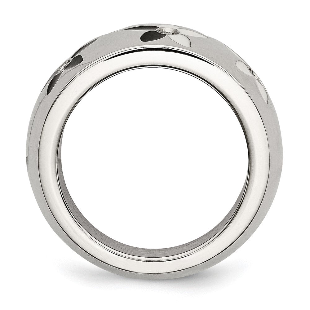 Edelstahl Schwarz & Weiß Emaille Blumen Zirkonia Ring (size 6 Nur)