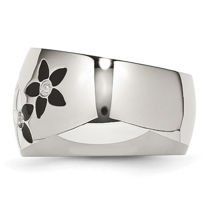 Edelstahl Schwarz & Weiß Emaille Blumen Zirkonia Ring (size 6 Nur)