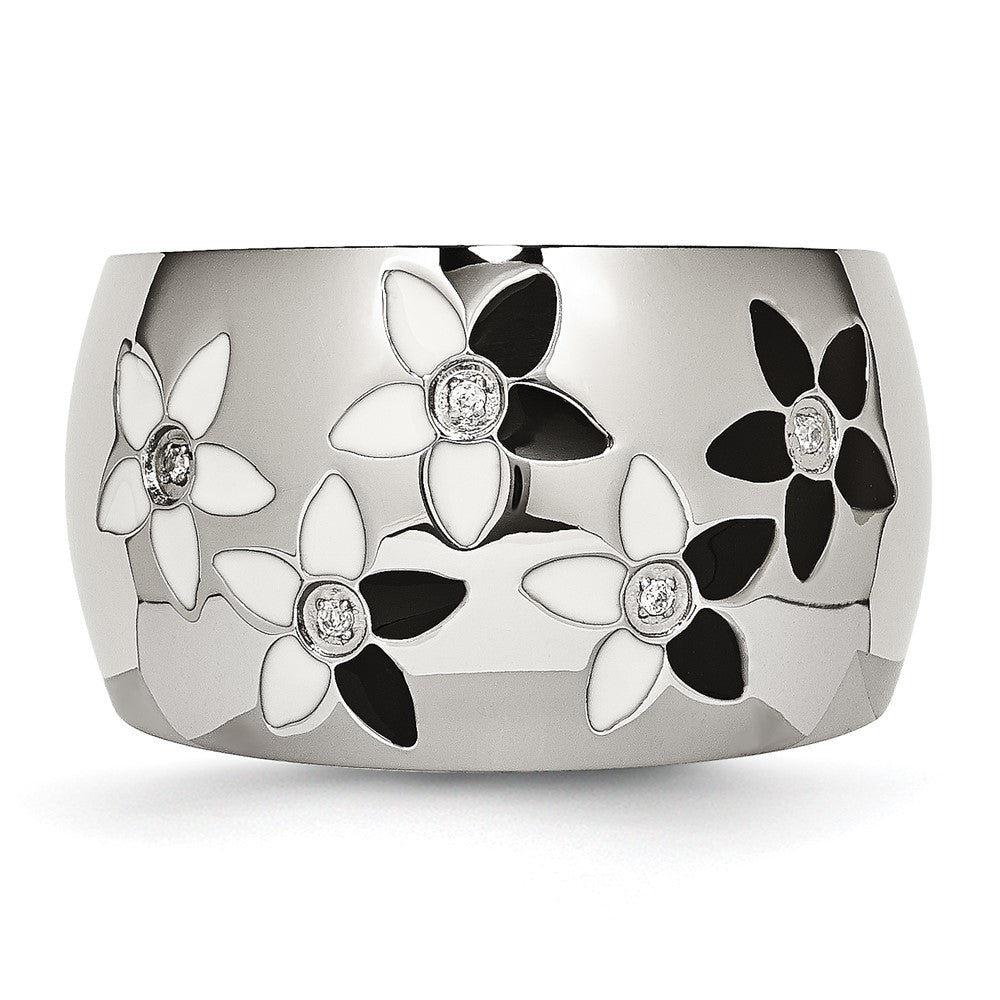 Edelstahl Schwarz & Weiß Emaille Blumen Zirkonia Ring (size 6 Nur)