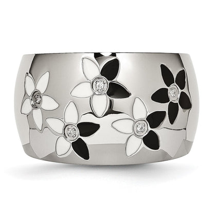 Edelstahl Schwarz & Weiß Emaille Blumen Zirkonia Ring (size 6 Nur)
