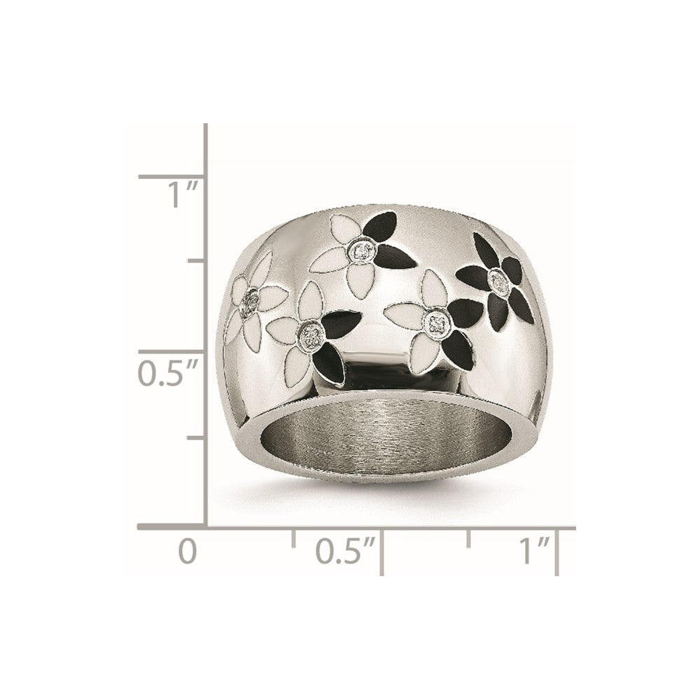 Edelstahl Schwarz & Weiß Emaille Blumen Zirkonia Ring (size 6 Nur)