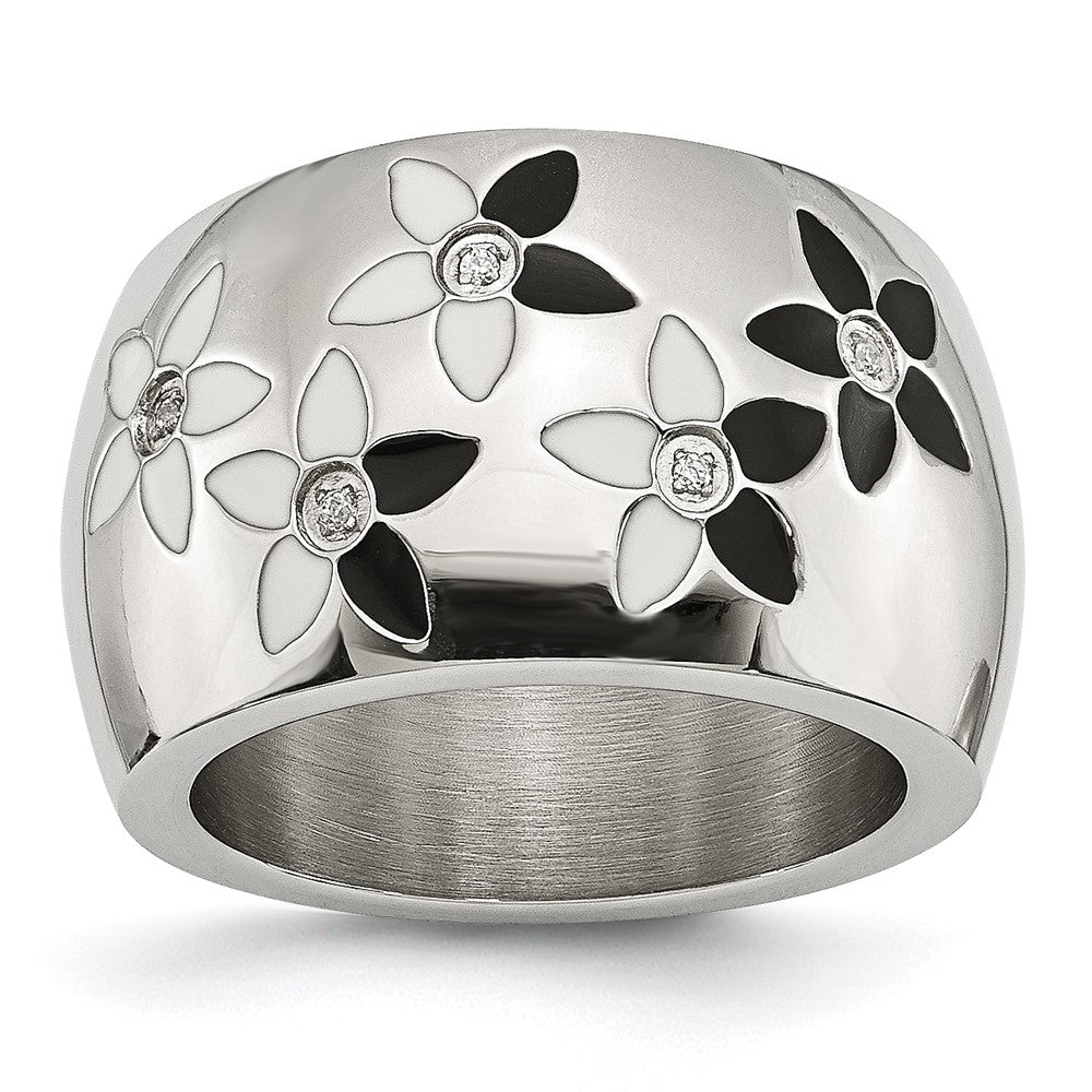 Edelstahl Schwarz & Weiß Emaille Blumen Zirkonia Ring (size 6 Nur)
