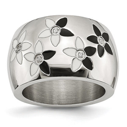 Edelstahl Schwarz & Weiß Emaille Blumen Zirkonia Ring (size 6 Nur)