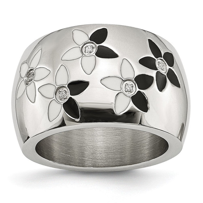 Edelstahl Schwarz & Weiß Emaille Blumen Zirkonia Ring (size 6 Nur)