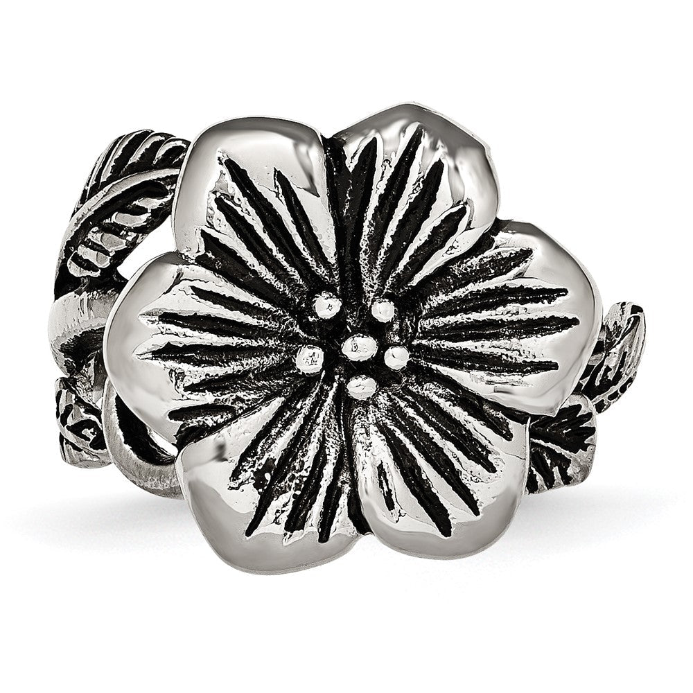 Edelstahl Antik Finish Blume Ring (size 6 Nur)