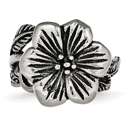 Edelstahl Antik Finish Blume Ring (size 6 Nur)