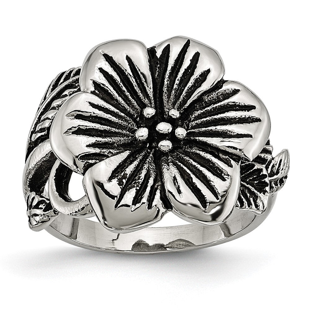 Edelstahl Antik Finish Blume Ring (size 6 Nur)