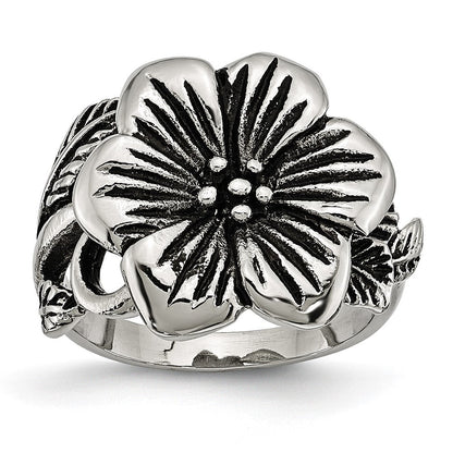 Edelstahl Antik Finish Blume Ring (size 6 Nur)