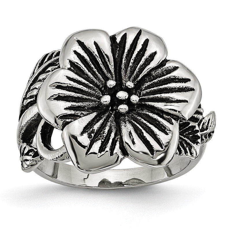 Edelstahl Antik Finish Blume Ring (size 6 Nur)