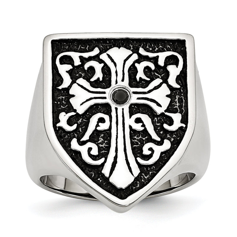 Edelstahl Kreuz Schwarz Diamant Antikisiert Shield Ring (size 9 Nur)