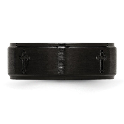 Edelstahl Gebürstet/polished Schwarz Ip Beschichtet Kreuz 8mm Ring (size 7.5 Nur)