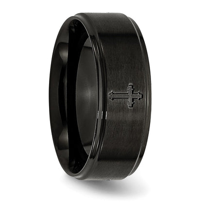 Edelstahl Gebürstet/polished Schwarz Ip Beschichtet Kreuz 8mm Ring (size 7.5 Nur)